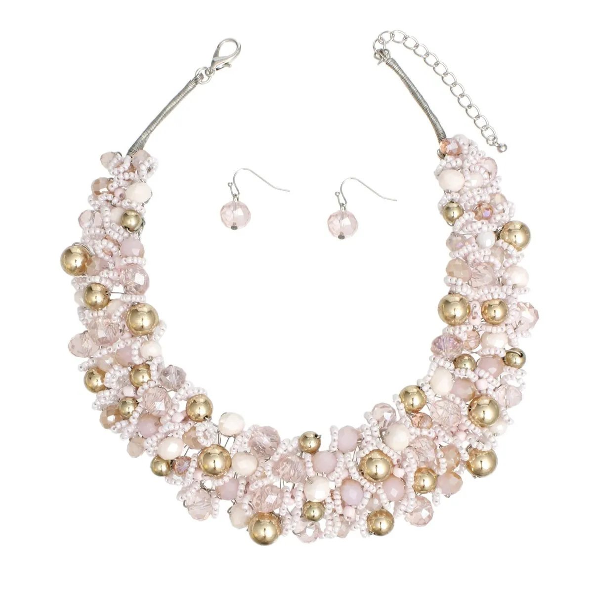 Artistic Pale Pink & Gold Acrylic Glass Bead Bib Choker Necklace Set – Silver Finish, Matching Earrings