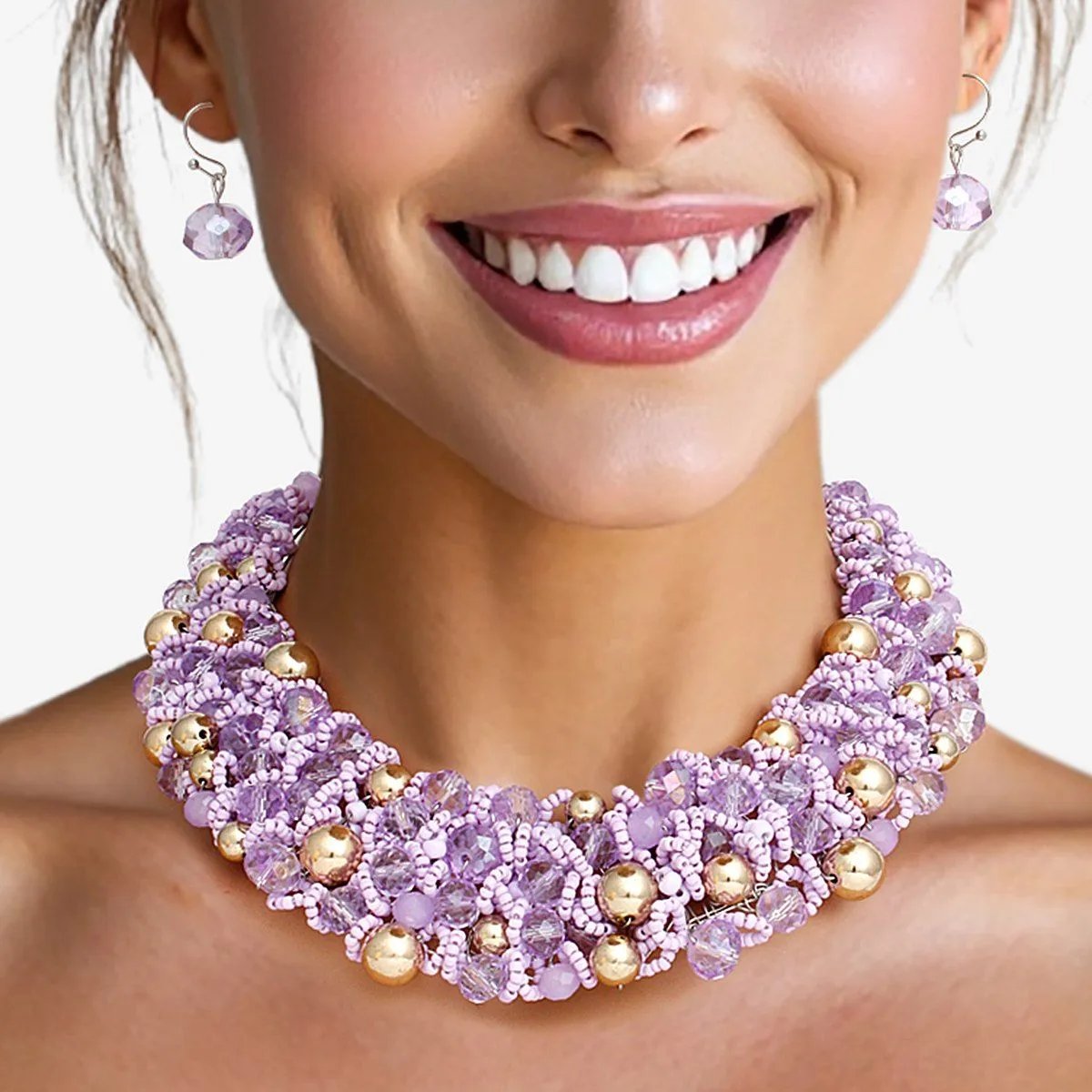 Artistic Light Purple & Gold Acrylic Glass Bead Bib Choker Necklace Set – Silver Finish, Matching Earrings