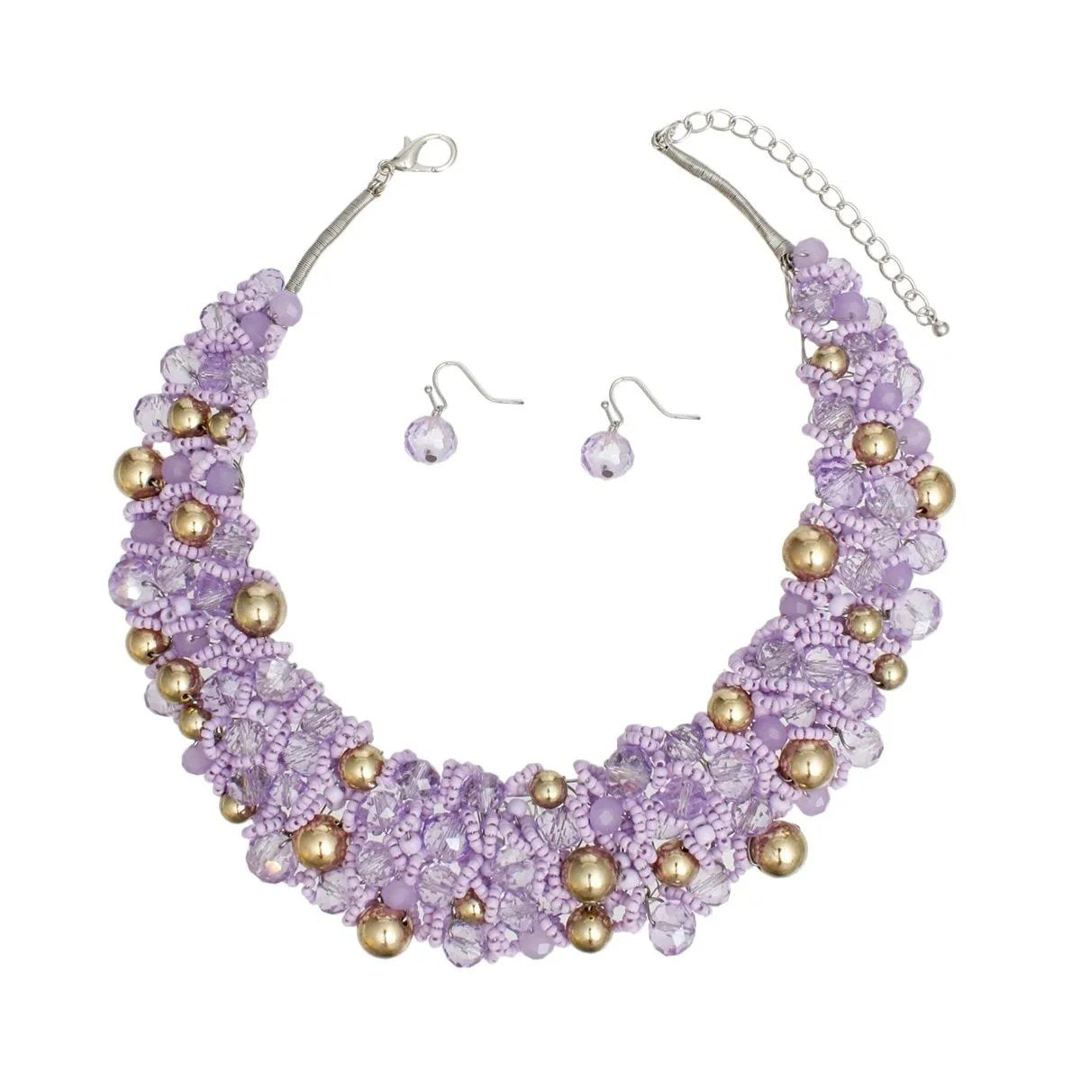 Artistic Light Purple & Gold Acrylic Glass Bead Bib Choker Necklace Set – Silver Finish, Matching Earrings