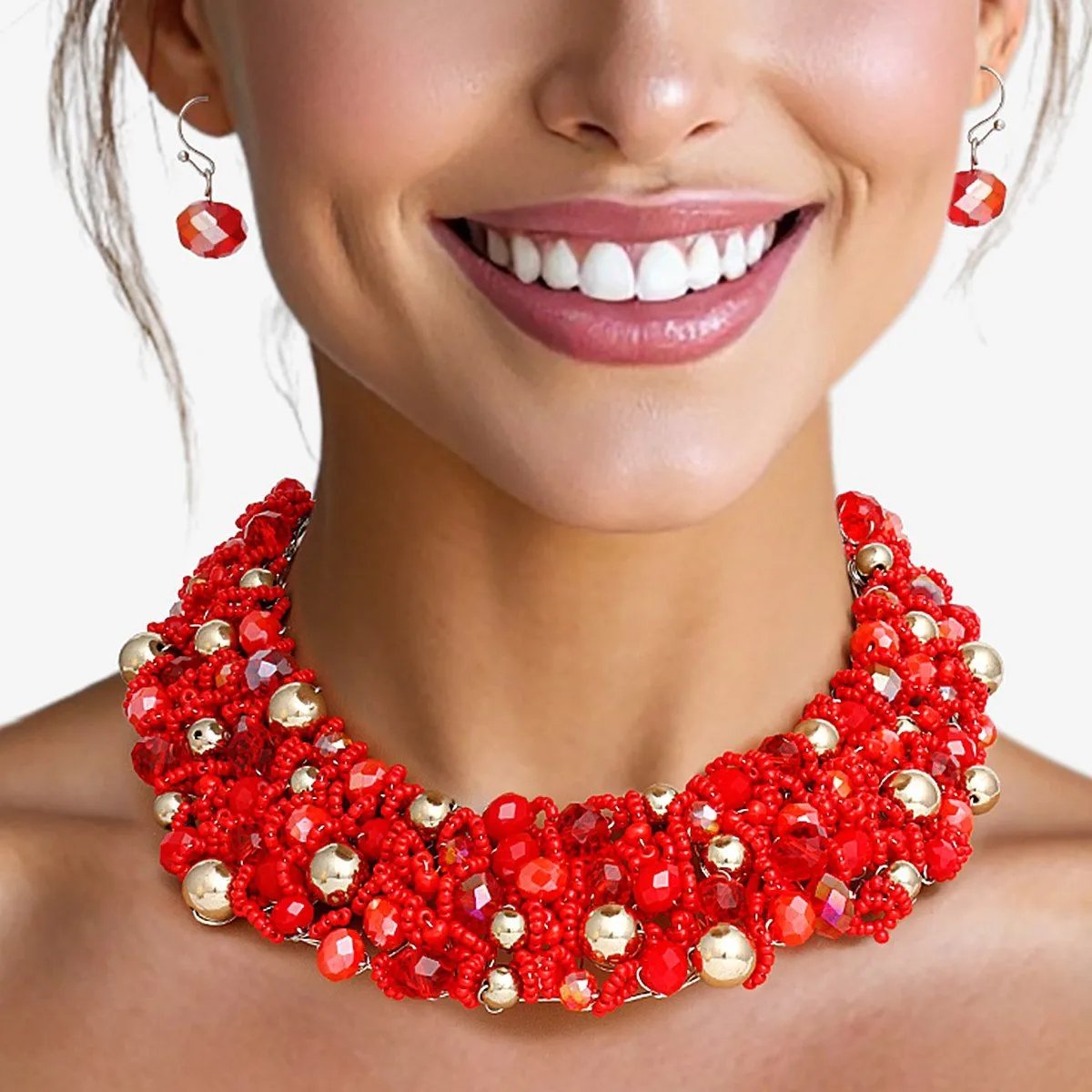 Artistic Red & Gold Acrylic Glass Bead Bib Choker Necklace Set – Silver Finish, Matching Earrings