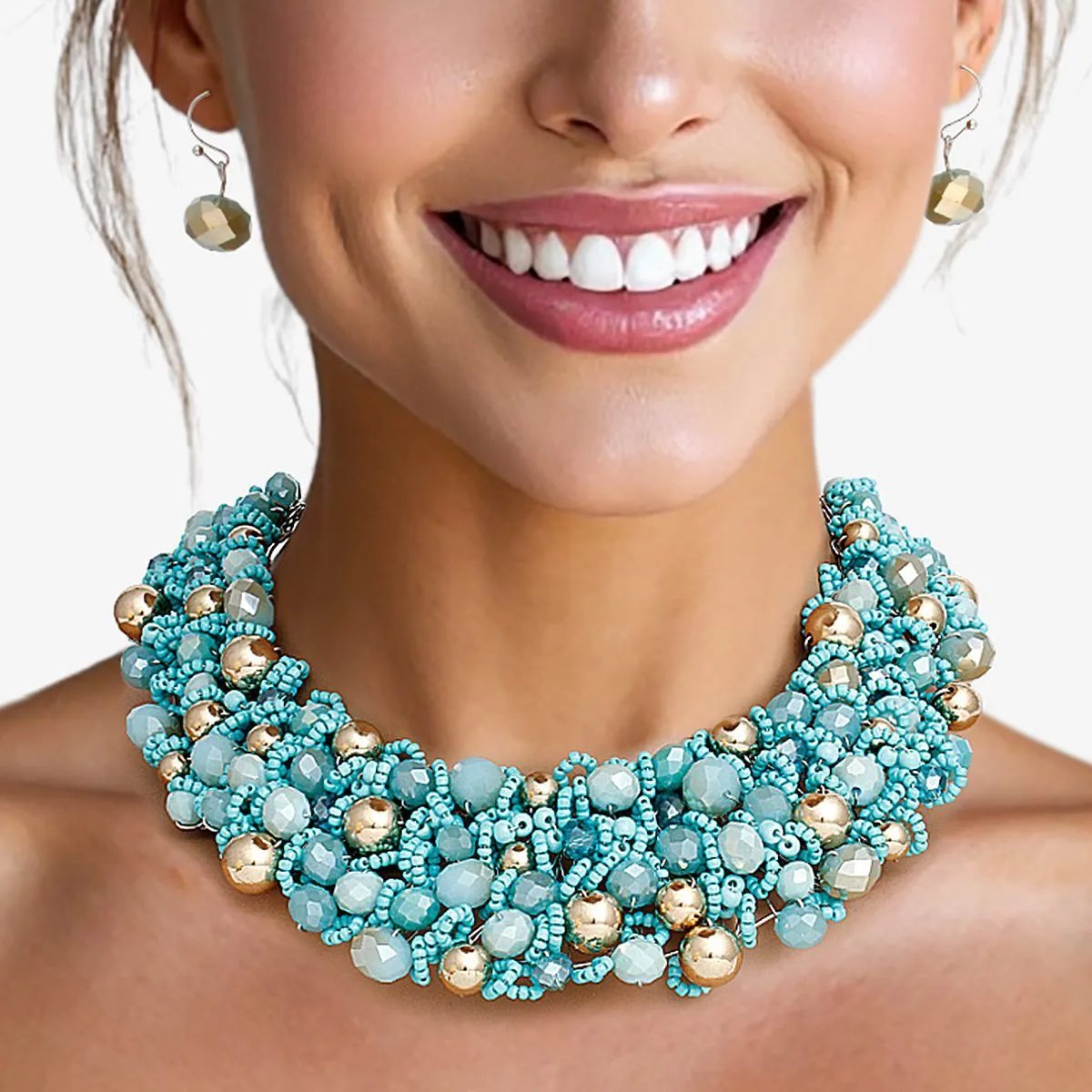Artistic Turquoise & Gold Acrylic Glass Bead Bib Choker Necklace Set – Silver Finish, Matching Earrings