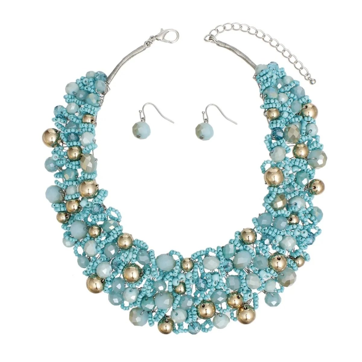 Artistic Turquoise & Gold Acrylic Glass Bead Bib Choker Necklace Set – Silver Finish, Matching Earrings