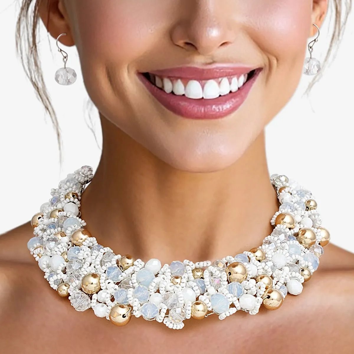 Artistic White & Gold Acrylic Glass Bead Bib Choker Necklace Set – Silver Finish, Matching Earrings