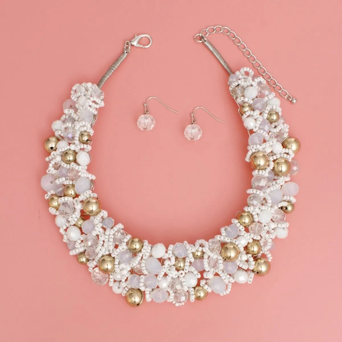Artistic White & Gold Acrylic Glass Bead Bib Choker Necklace Set – Silver Finish, Matching Earrings