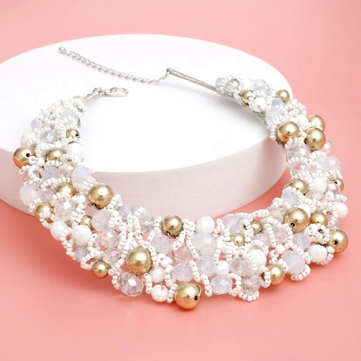 Artistic White & Gold Acrylic Glass Bead Bib Choker Necklace Set – Silver Finish, Matching Earrings