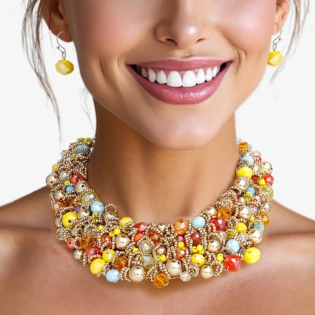 Bib Yellow Multi Artistic Glass Copper Choker Set. Yellow Multicolor and Gold