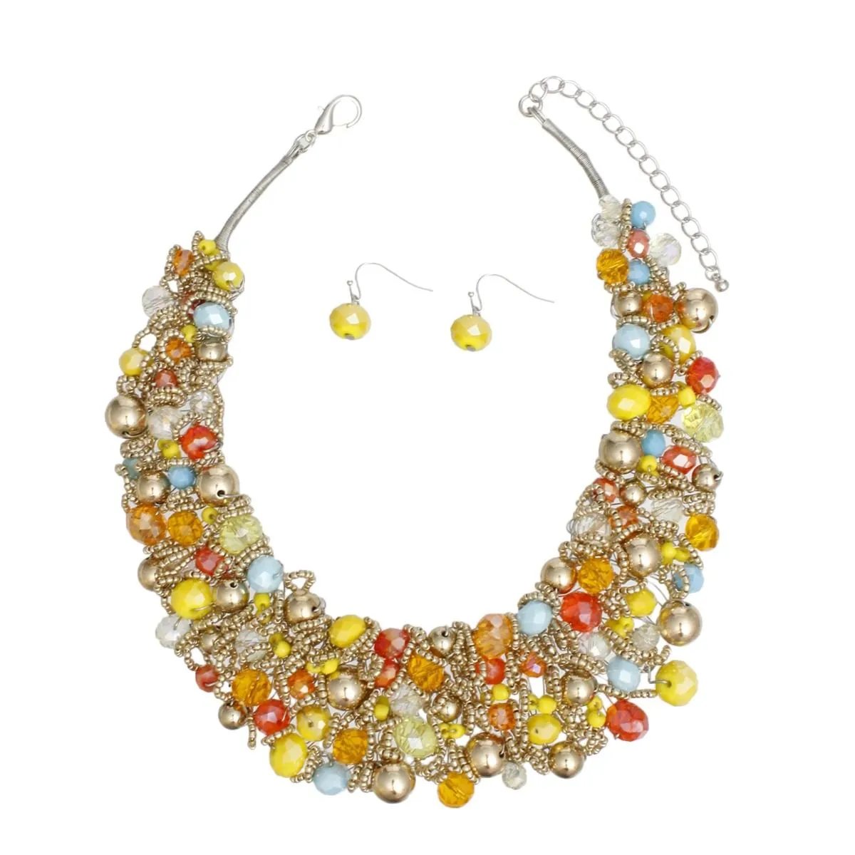 Bib Yellow Multi Artistic Glass Copper Choker Set. Yellow Multicolor and Gold