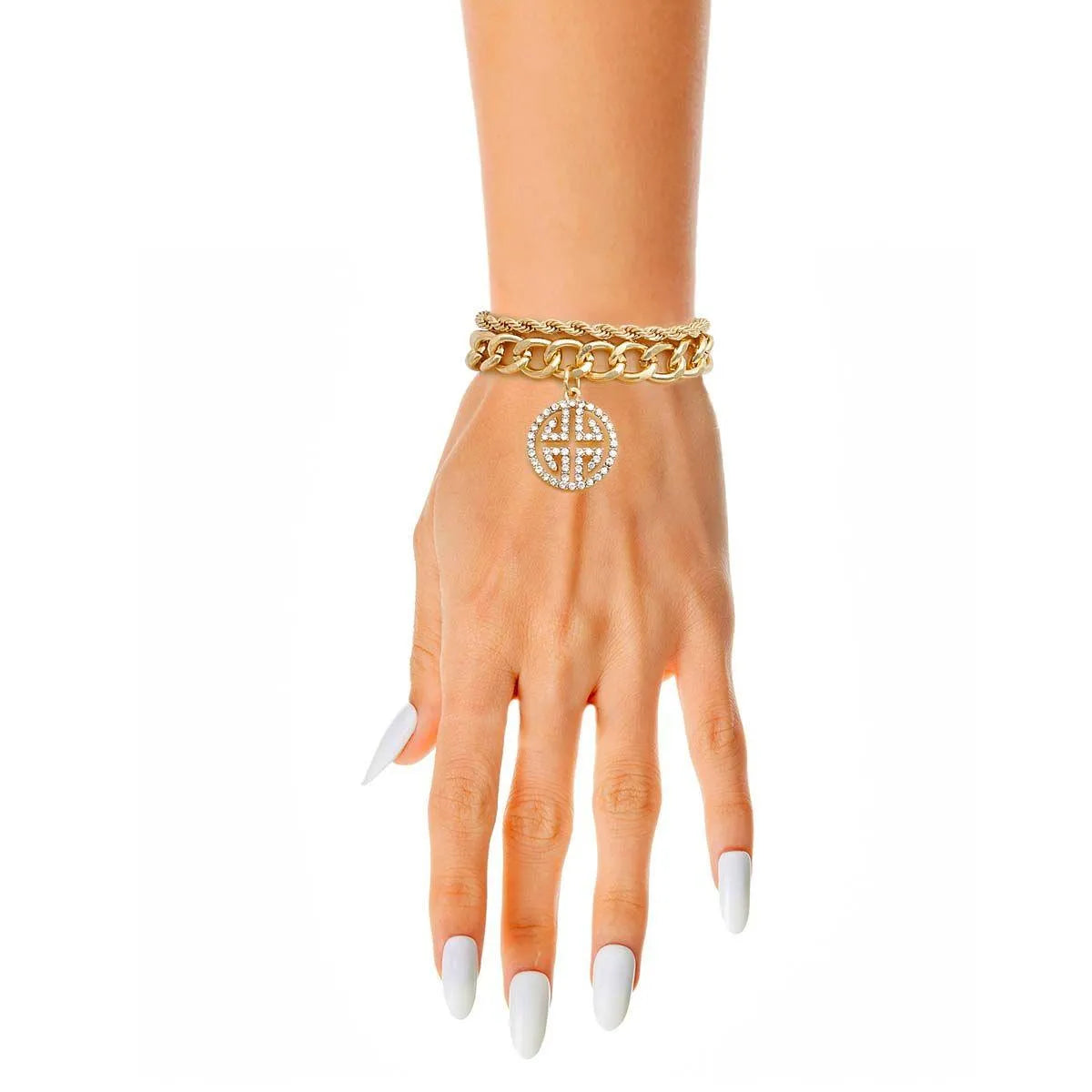 Gold Finish Layered Chain Bracelet + Charm Pinktown