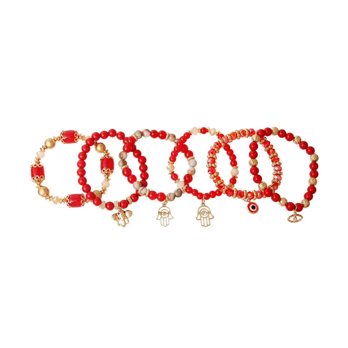 Hamsa Hand Charms Bracelet Set – Stylish Red Beaded Jewelry Pinktown