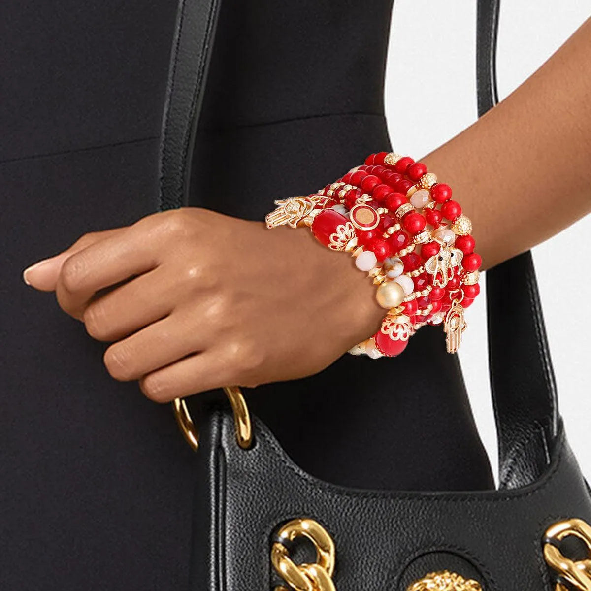 Hamsa Hand Charms Bracelet Set – Stylish Red Beaded Jewelry Pinktown