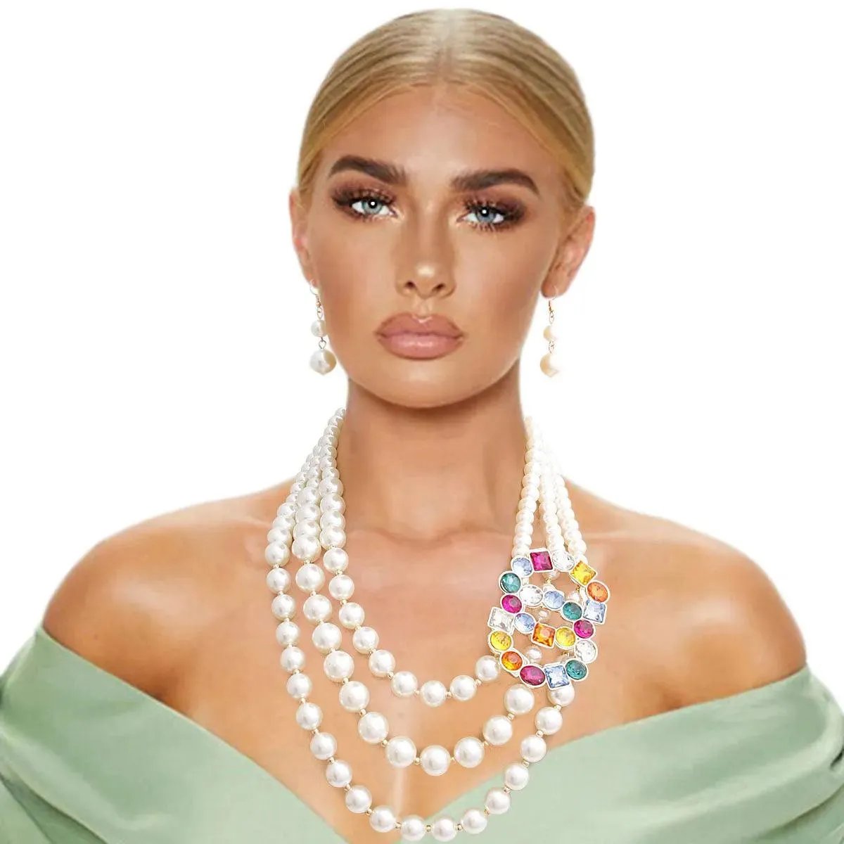 Layer Pearl Necklace Set with Multicolor Statement