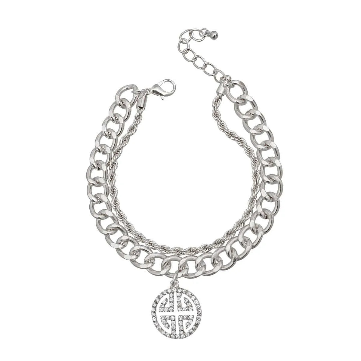 Silver Finish Layered Chain Bracelet + Charm Pinktown