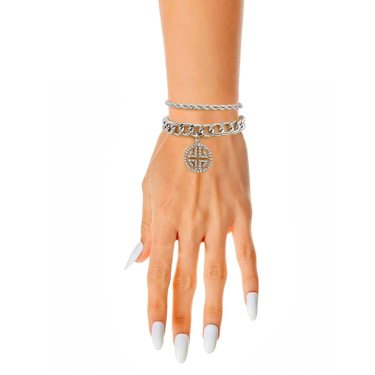 Silver Finish Layered Chain Bracelet + Charm Pinktown