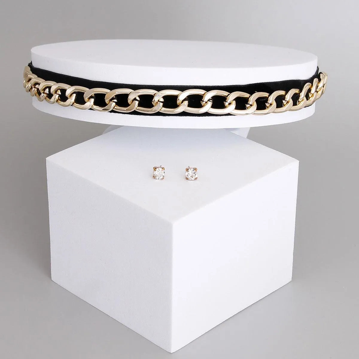Slay the Style Game: Black Faux Leather Choker Necklace & Gold Chain Stud Earrings Set Pinktown