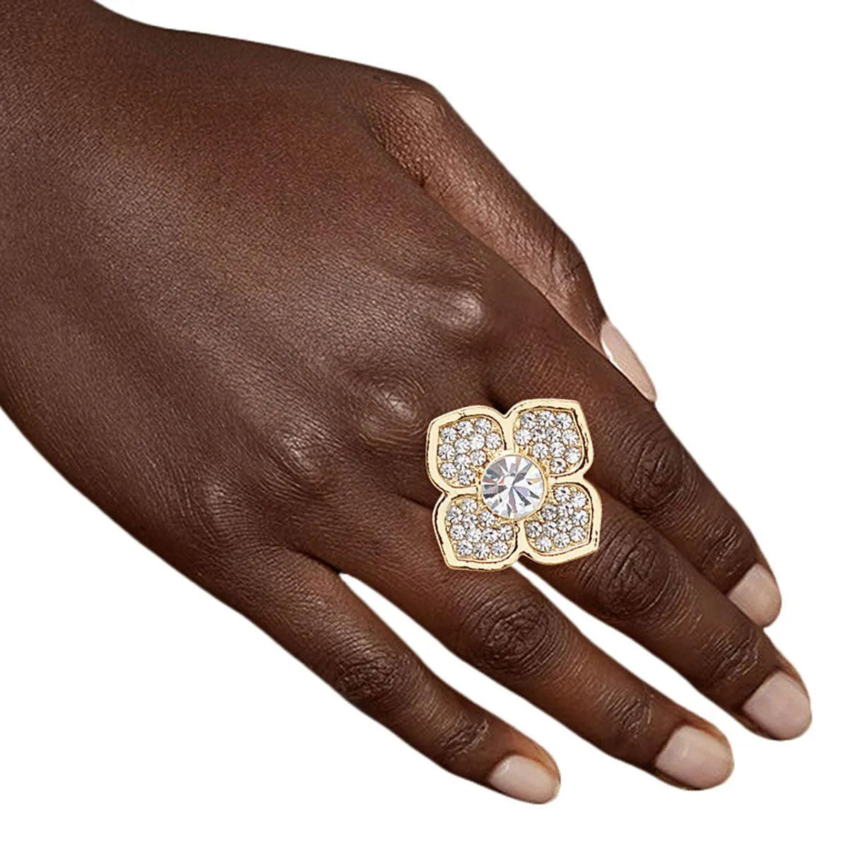 Sparkle Like a Star: Women's Gold Flower Ring with Rhinestones - Fashion Jewelry Pinktown