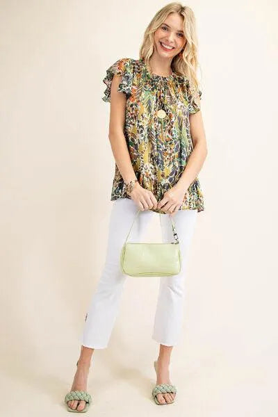 Stay Stylish and Comfy in a Printed Ruffle Hem Cap Sleeve Blouse Trendsi