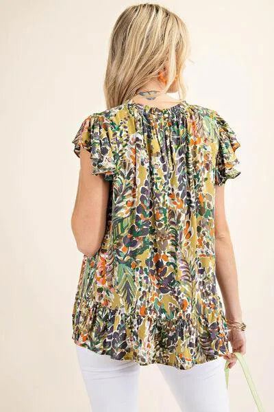Stay Stylish and Comfy in a Printed Ruffle Hem Cap Sleeve Blouse Trendsi