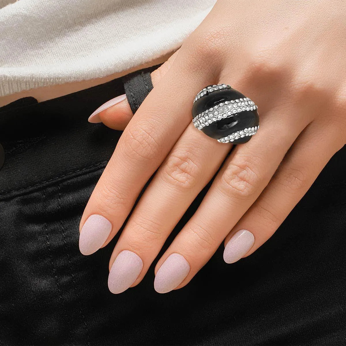 Stunning Clear Rhinestone and Black Dome Silver Cocktail Ring - Fashion Jewelry Pinktown