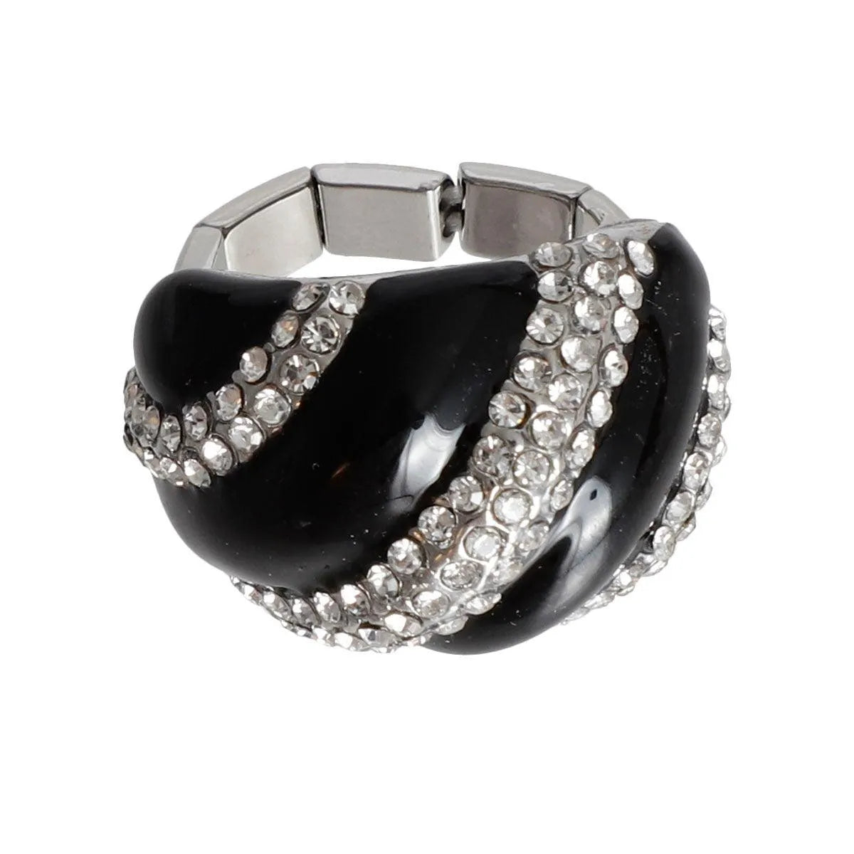 Stunning Clear Rhinestone and Black Dome Silver Cocktail Ring - Fashion Jewelry Pinktown