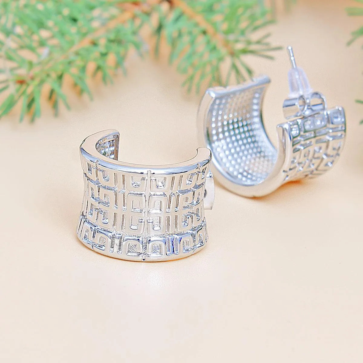 Stunning Greek Key Design Wide Curved White Gold Finish Earrings Pinktown