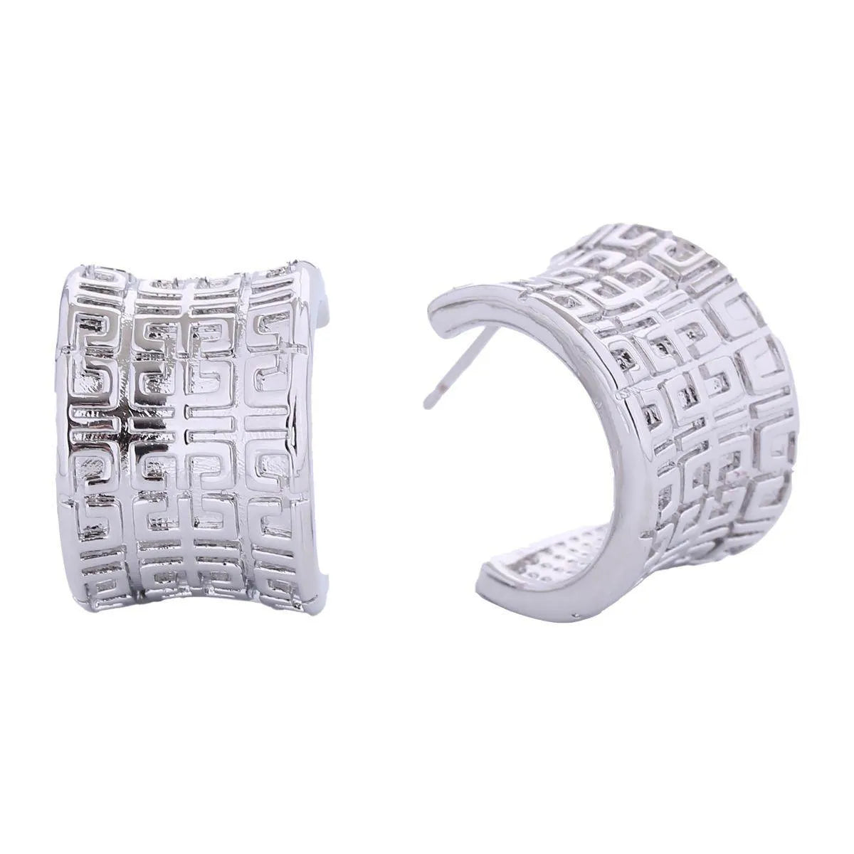 Stunning Greek Key Design Wide Curved White Gold Finish Earrings Pinktown