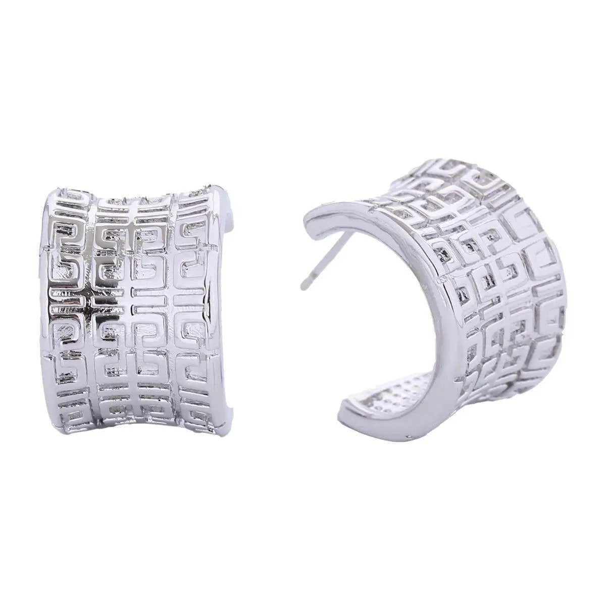 Stunning Greek Key Design Wide Curved White Gold Finish Earrings