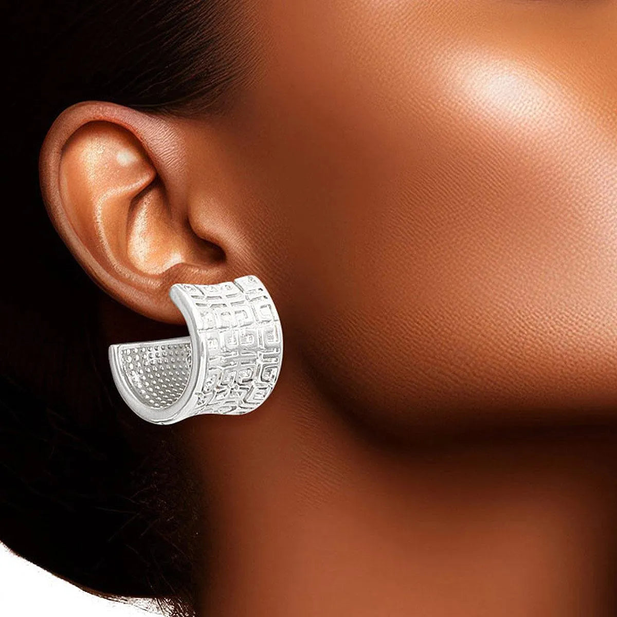 Stunning Greek Key Design Wide Curved White Gold Finish Earrings Pinktown