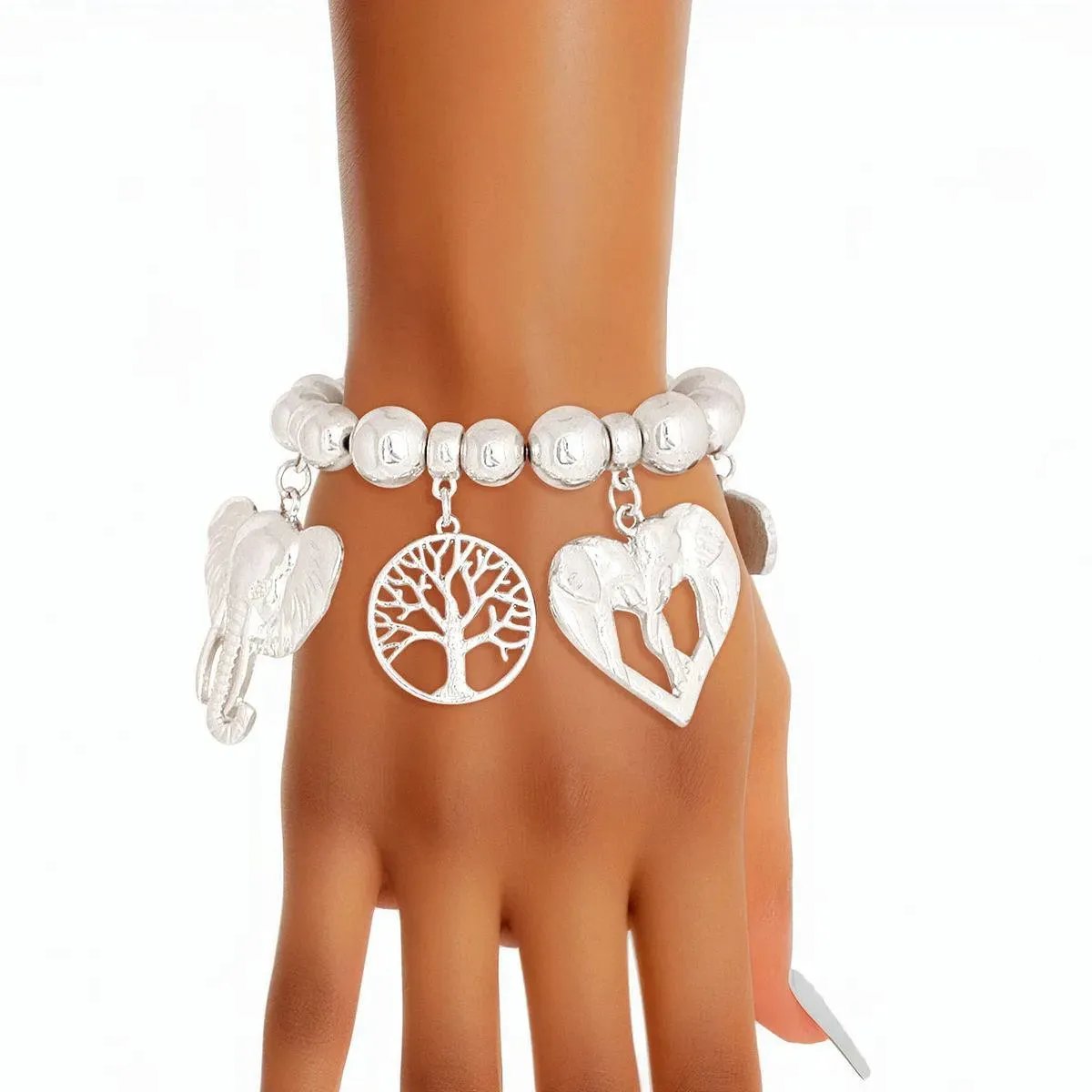 Stylish Silver Tone Stretch Bracelet: Never Forget with Elephants