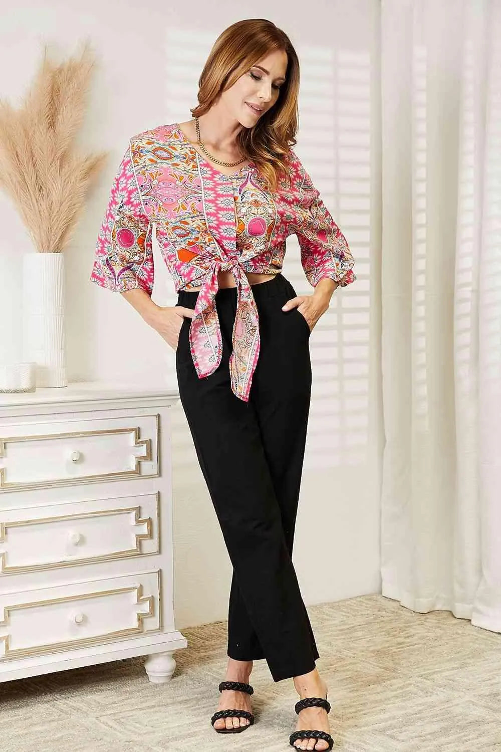 Tie Hem V-Neck Three-Quarter Sleeve Blouse Jewelry Bubble