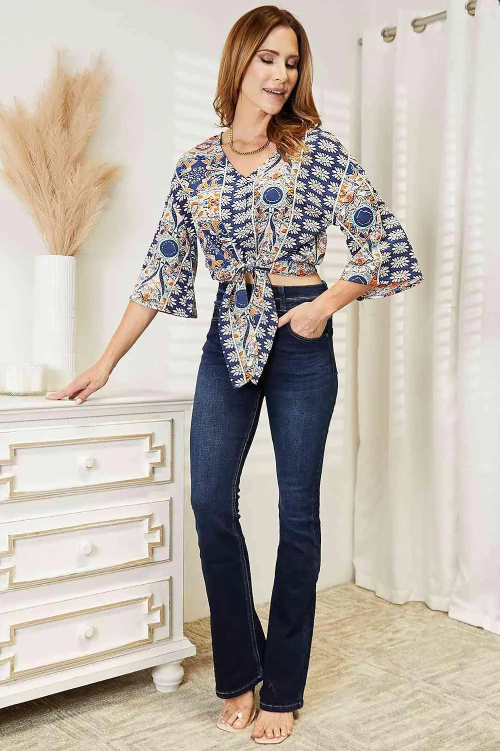 Tie Hem V-Neck Three-Quarter Sleeve Blouse Jewelry Bubble