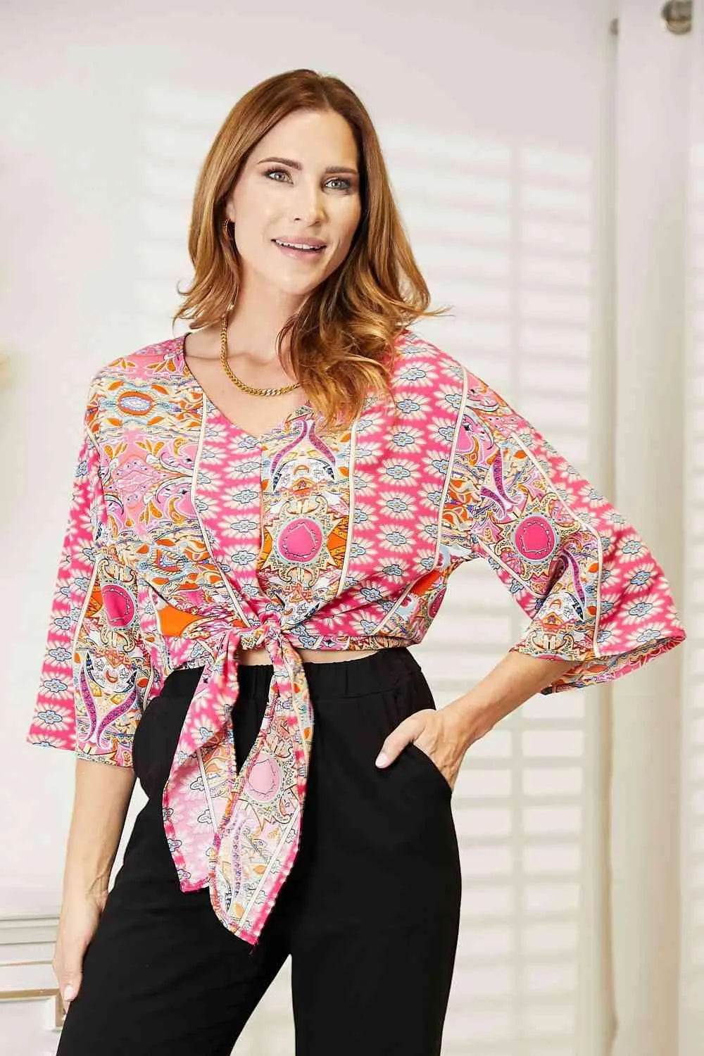 Tie Hem V-Neck Three-Quarter Sleeve Blouse Jewelry Bubble