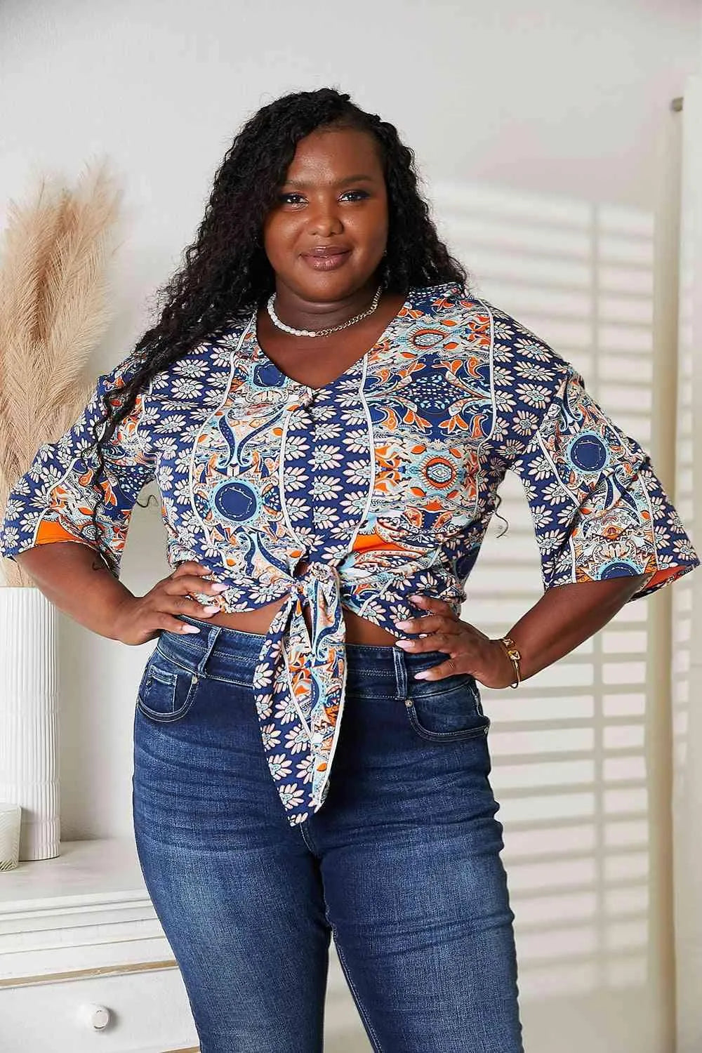 Tie Hem V-Neck Three-Quarter Sleeve Blouse Jewelry Bubble