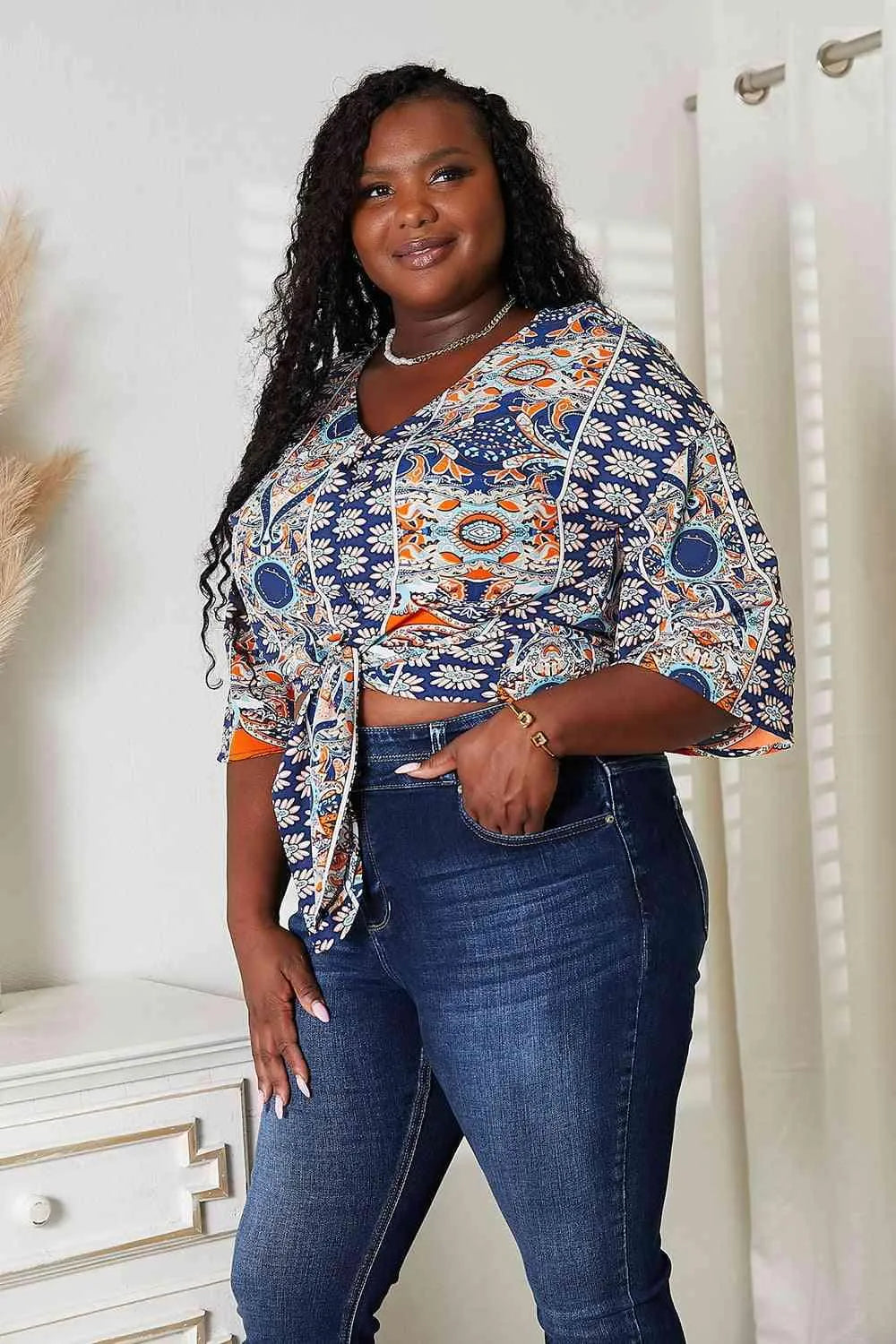 Tie Hem V-Neck Three-Quarter Sleeve Blouse Jewelry Bubble