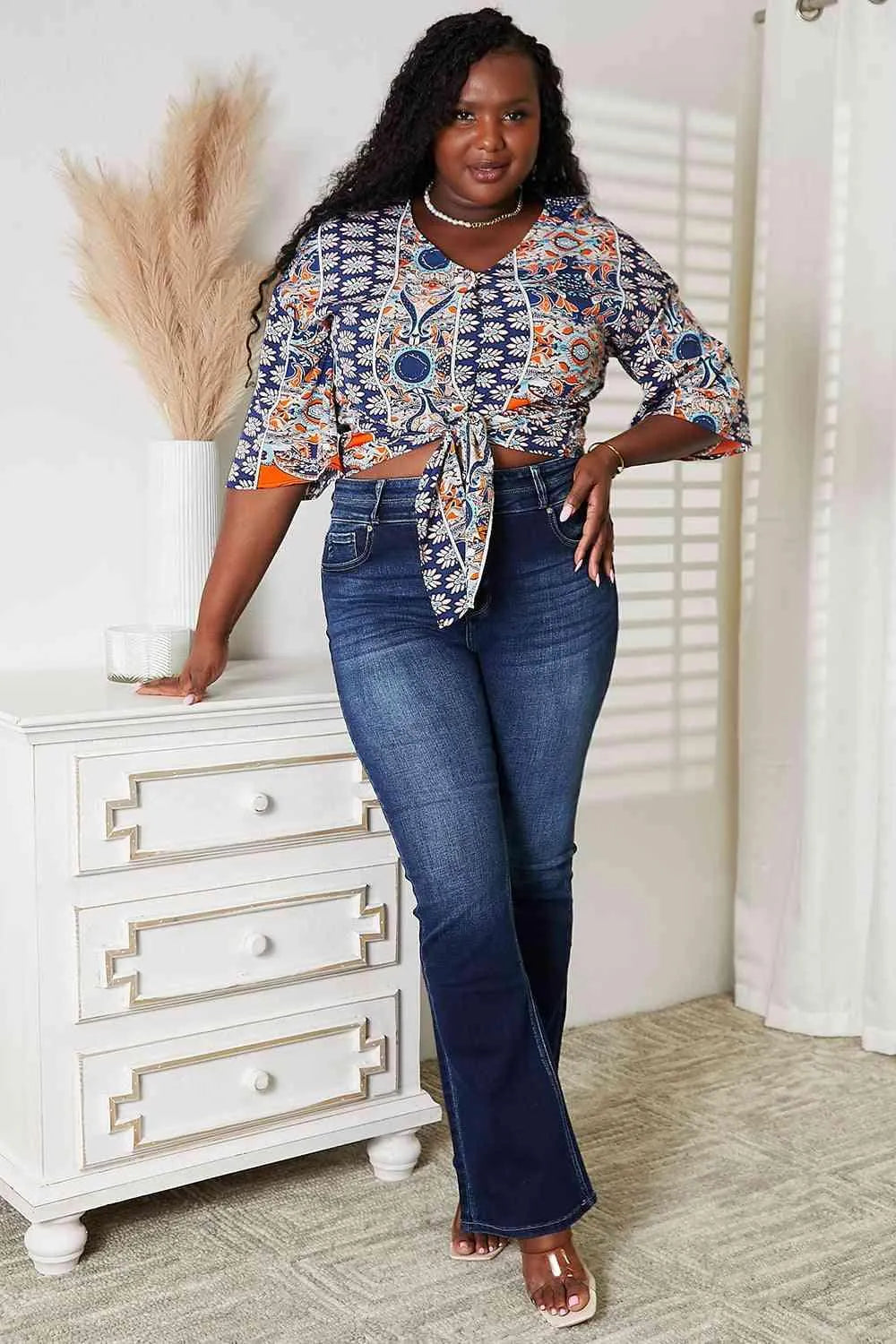 Tie Hem V-Neck Three-Quarter Sleeve Blouse Jewelry Bubble