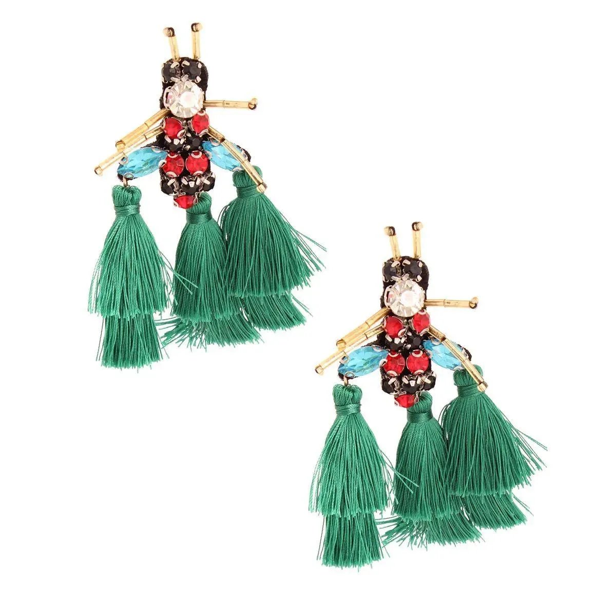 Whimsical Green Tassel Bee Statement Fashion Earrings