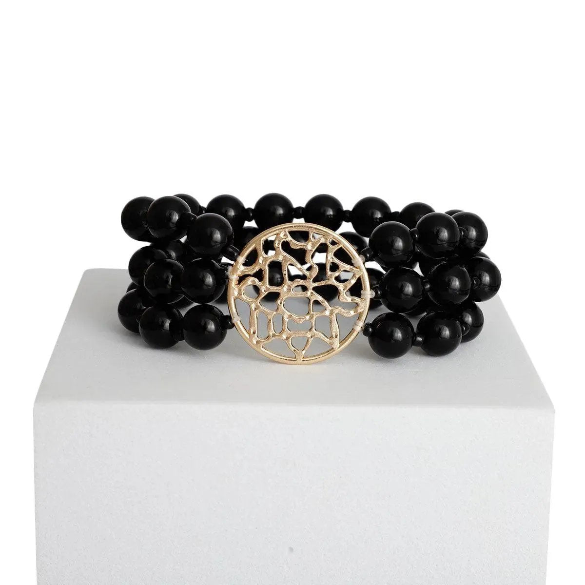 Women's Black Beaded Bracelet and Gold Medallion: Timeless Sophistication Pinktown