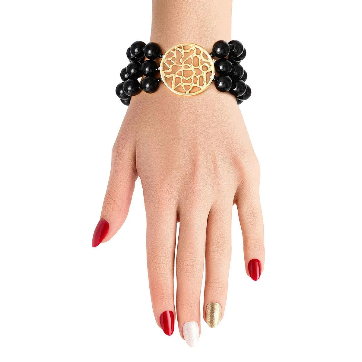 Women's Black Beaded Bracelet and Gold Medallion: Timeless Sophistication Pinktown