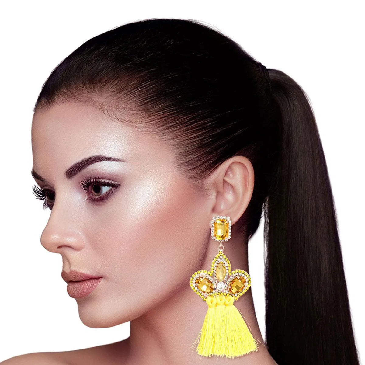 Yellow Jewel Tassel Drop Fashion Earrings - Shop Now! Pinktown