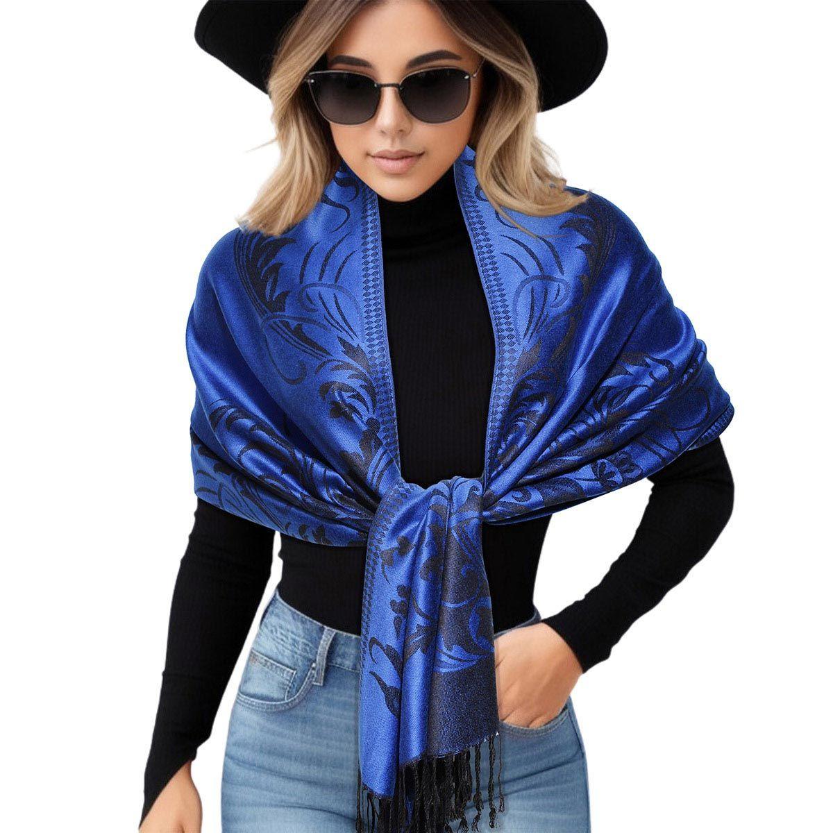 Discover the elegance: Experience the timeless charm of the Pashmina Blue Flower Fringe Scarf for Women today!