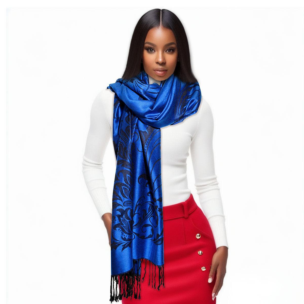 Discover the elegance: Experience the timeless charm of the Pashmina Blue Flower Fringe Scarf for Women today!