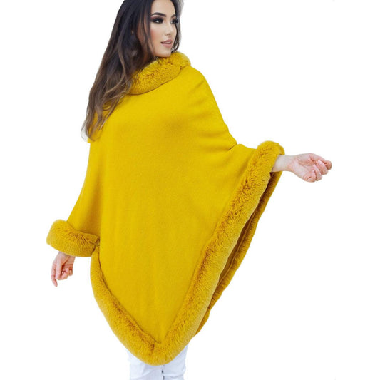 Luxurious & Stylish: Yellow-Gold Poncho with Faux Fur Trim for Women