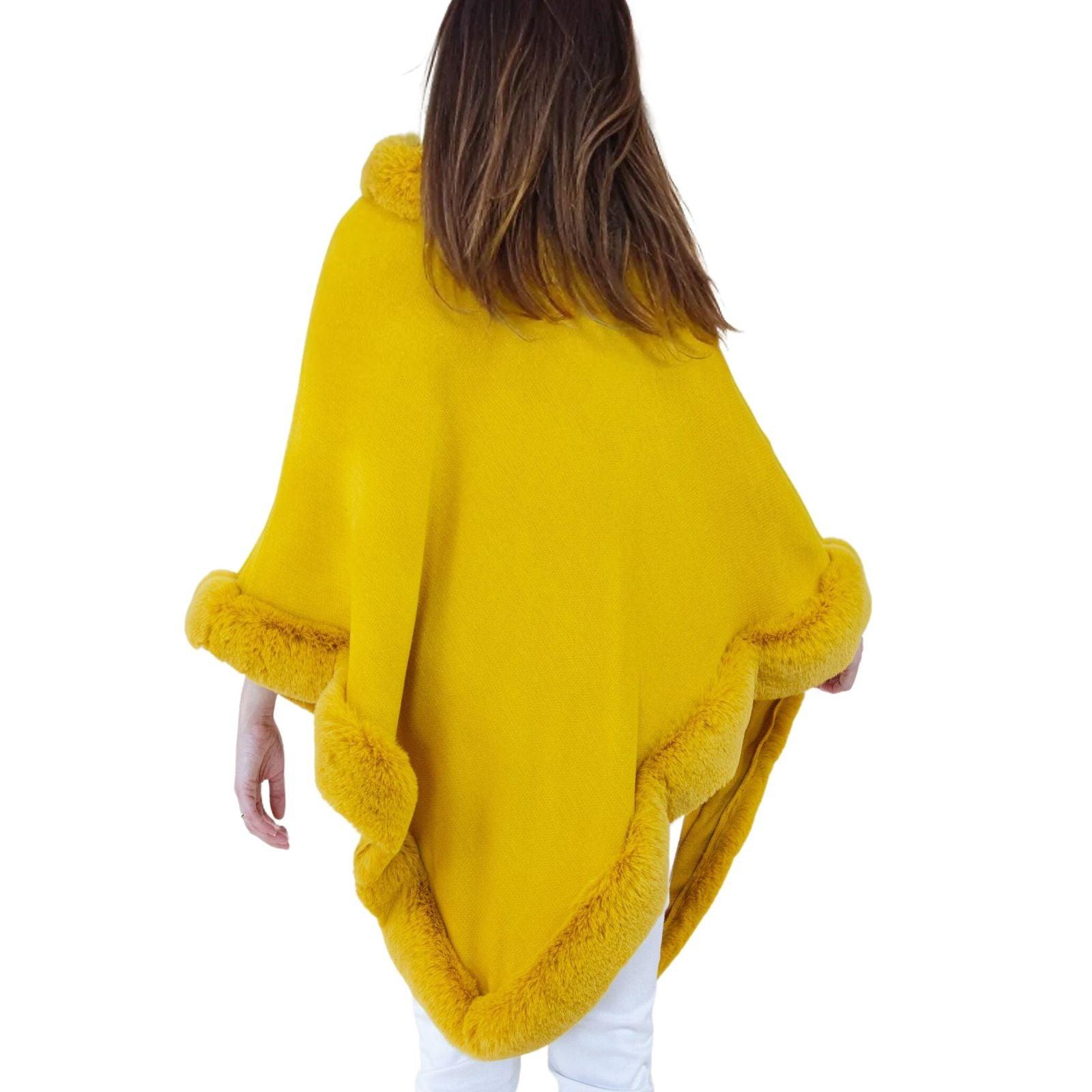 Luxurious & Stylish: Yellow-Gold Poncho with Faux Fur Trim for Women