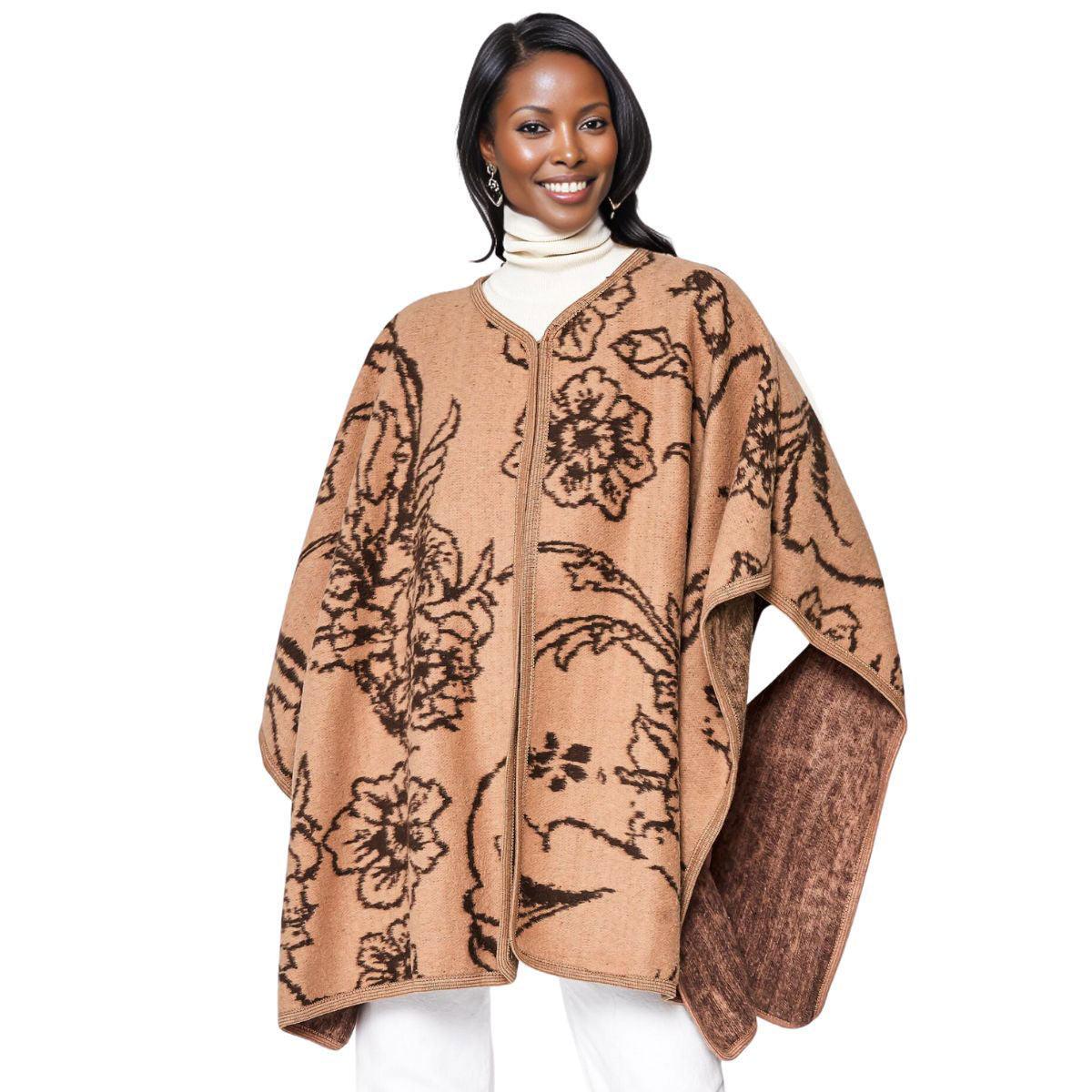 Must-Have Kimono Ruana: Stay Warm Stylish Acrylic Camel Flower Knit