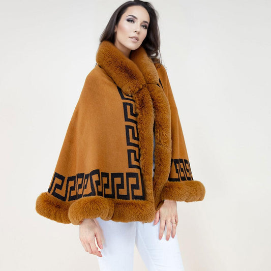 Stay cozy and stylish with our trendy Greek key design Shawl Cape Ruana Camel Faux Fur Trim Wrap