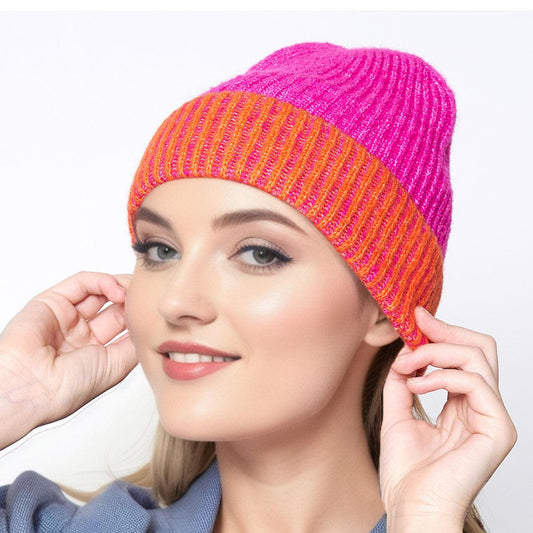 Stay Toasty: Ribbed Knit Beanie Hat in Fuchsia/Orange