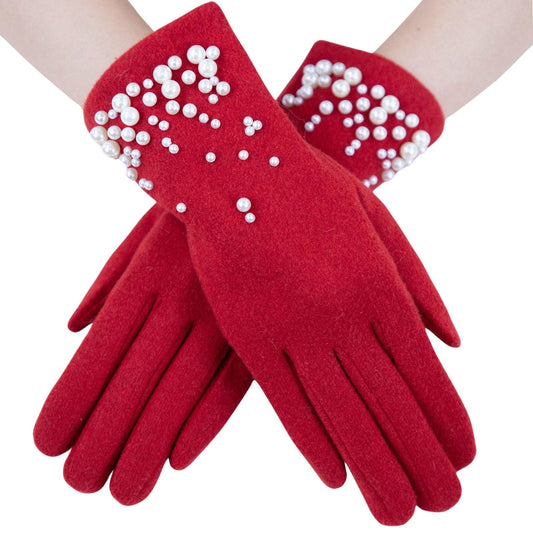 Stay Warm in Style with Women's Red Winter Gloves | Faux Pearl Cuff