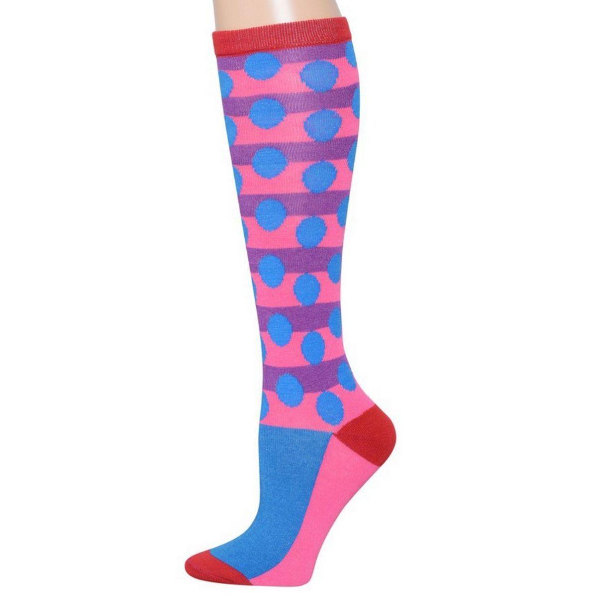 Unleash Your Playful Side with Trendy Women's Pink Knee High Socks - Blue Polka Dot Delight!