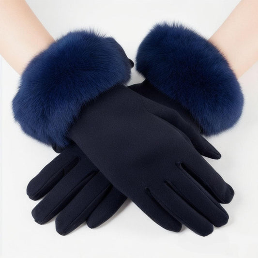 Warm and Stylish: Navy Women's Gloves with Faux Fur Cuff for Winter