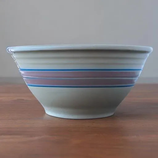 10 Inch McCoy Mixing Bowl - <p class="p1">Vintage McCoy Pottery Mixing Bowl, 10 inch, stoneware, Pink Blue Stripe, USA. This striped stoneware mixing bowl is ideal as a fruit bowl, or kitchenware collectible.</p>