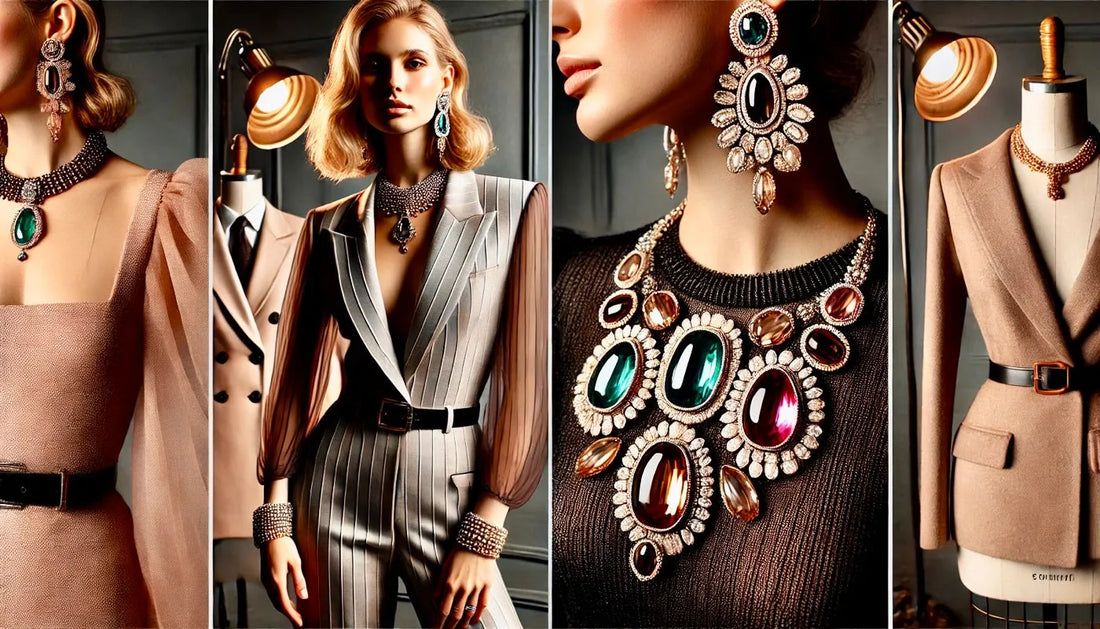 Fashion models wearing modern clothes with vintage jewelry, blending styles from different eras.